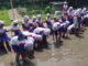 Murid kelas 1 SD Muhammadiyah 15 Surabaya (SDM Limas) belajar menanam padi dengan teknik tandur (menanam mundur) di Lembah Pendawa Pandaan, Pasuruan. (Ali/KLIKMU.CO)