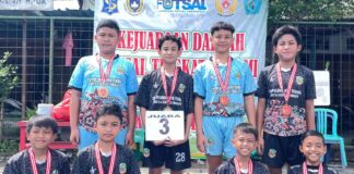 Tim Limas FC SD Muhammadiyah 15 Surabaya (SDM Limas) usai menerima penghargaan pada Kejuaraan Daerah Futsal tingkat Kota Surabaya. (Ali/KLIKMU.CO)