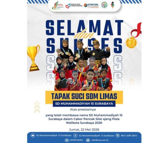 Atlet Tapak Suci SD Muhammadiyah 15 Surabaya (SDM Limas) yang meraih medali dalam Kejuaraan Nasional Piala Wali Kota Surabaya 2026. (Ali Shodiqin/Klikmu.co)