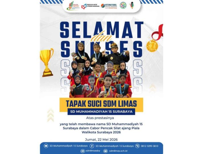Atlet Tapak Suci SD Muhammadiyah 15 Surabaya (SDM Limas) yang meraih medali dalam Kejuaraan Nasional Piala Wali Kota Surabaya 2026. (Ali Shodiqin/Klikmu.co)